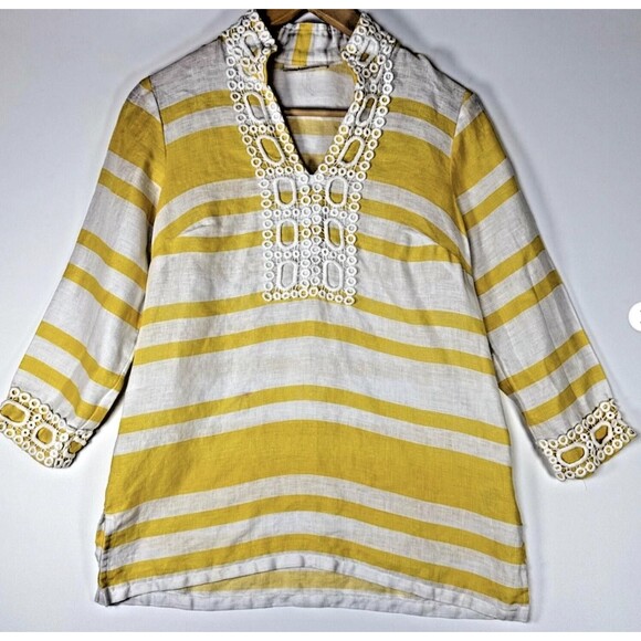 Charter Club Tops - Charter Club Shirt Womens Petite Yellow White Linen Striped Luxury Tunic Top